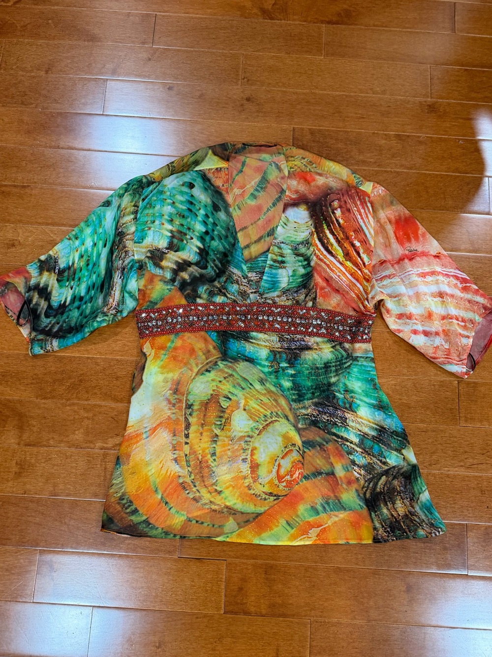 Roberto Cavalli Orange Green Signed w Beaded Details Silk Blouse Top 42 (6)